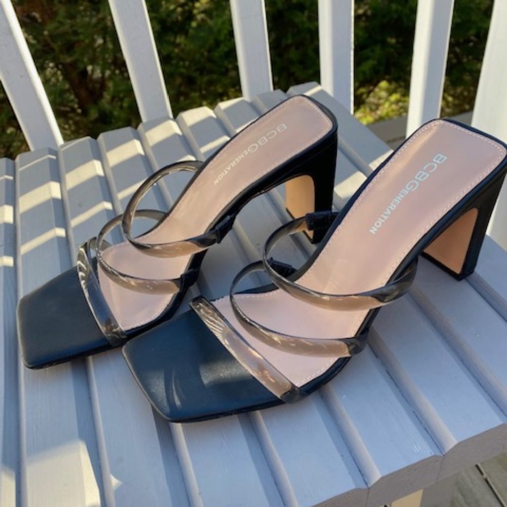 BCBGeneration Falla Strap Black/Smoke Block Heel Square Toe Mule Sandals size 7